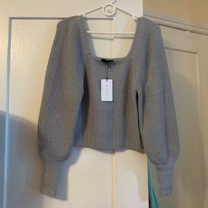 Line and dot square neck puff sleeve knit sweater